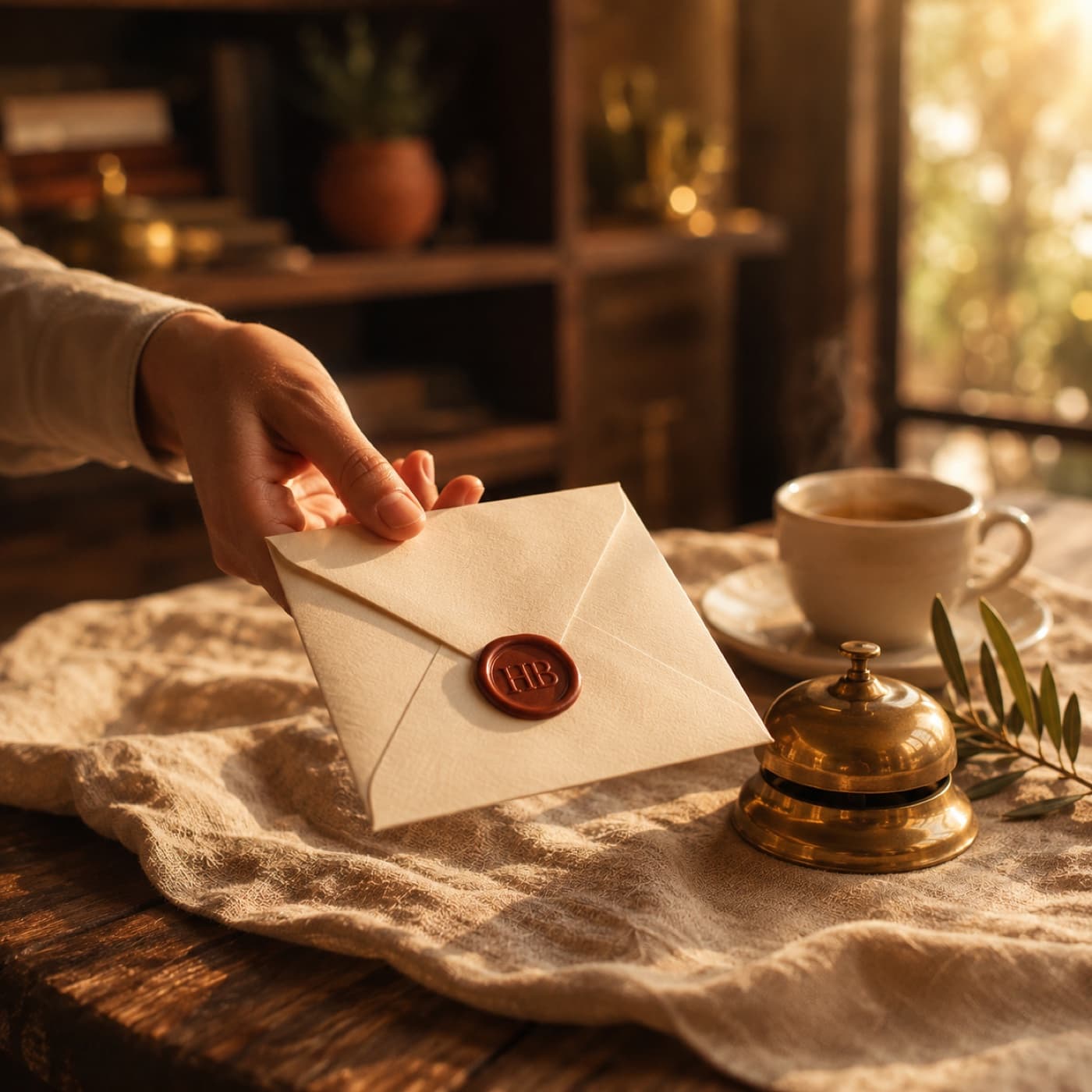 Une main tend une enveloppe scellée à la cire avec le monogramme HB — invitation à un appel découverte.